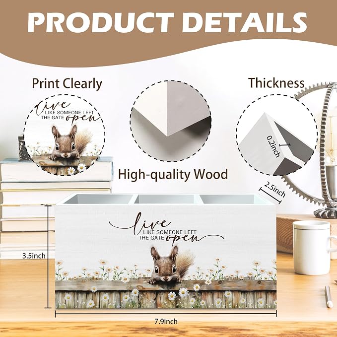 DILSJ Squirrel Inspirational Pen Pencil Holder Organizer For Desk, Squirrel Gifts, Rustic Floral Live Like Someone Left The Gate Open Wooden Box Signs For Home Office Desk Tabletop Decoration