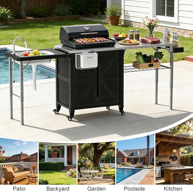 Outdoor Grill Cart with Storage Cabinet, 3-in-1 Movable Kitchen Island with Stainless Steel Tabletop, 4 Swivel Wheels, Foldable Sink Rolling Bar Table Cart BBQ Food Prep Station for Patio, Black