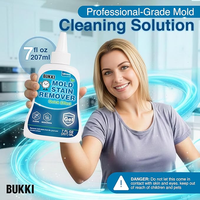 BUKKI Professional Mold Stain Remover Gel (7 FL OZ), Heavy Duty Thick Gel for Shower Grout, Washer Seals, Caulking, Bathrooms, Sinks, Concrete, Pool Tile, Patio, Siding, Marine RV, Surface Cleaner