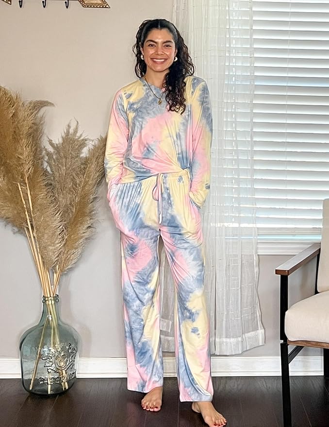 Ekouaer Womens 2 Pack Pajama Set Long Sleeve Pajamas Top and Pants V Neck Pjs Set Soft Loungewear with Pockets