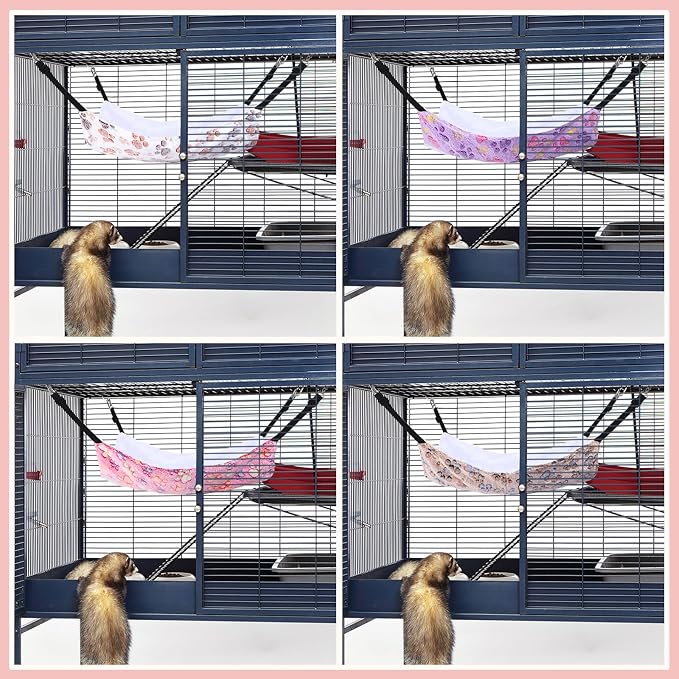 Geelin 4 Pcs Cat Hammock Hanging for Cage Bed, Paw, 20 x 24 Inch | Reversible Soft Pet Sleeping Hammocks with Adjustable Strap, Metal Hook, for Cat, Ferret, Puppy, Rabbit, Kitten, Small Animal