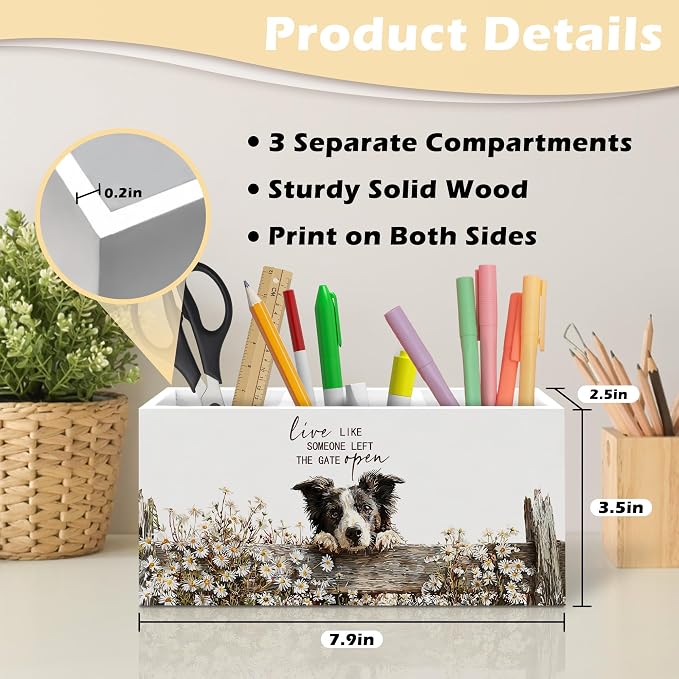 Border Collie Gifts Pen Holder Organizer, Rustic Farmhouse Dog Gifts for Women Desk Decor, Live Like Someone Left the Gate Open Wooden Pen Pencil Holders for Vintage Desk Accessories