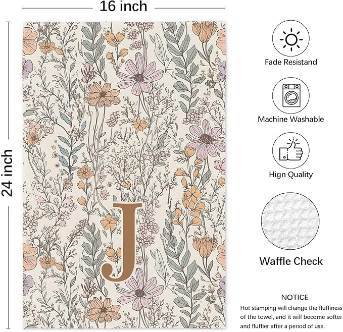 Initial J Personalized Floral Kitchen Towels Dish Towel, Custom Hand Towels for Bathroom, Monogrammed Gifts for Women Mom, Boho Floral Decorative Kitchen Towels Tea Towel, 16x24 Inch