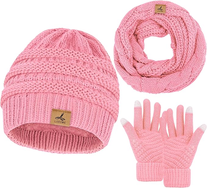 Winter Beanie Hat Scarf Gloves, Warm Fleece Knit Hats Touch Screen Gloves Neck Scarf Set Winter Gifts for Unisex Adult