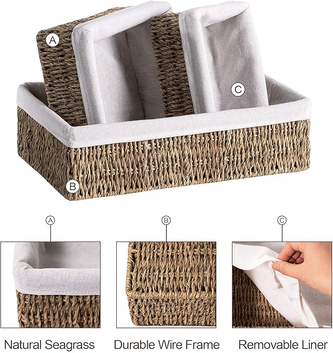 FairyHaus Seagrass Storage Baskets with Liner, Natural Small Seagrass Baskets, Hand-woven Nesting Wicker Baskets Set for Shelves Rectangle 3Pack (L+M+S)