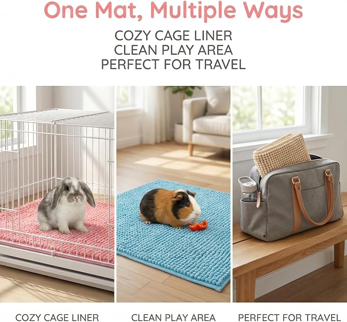 Guinea Pig Cage Liner Mats, Chenille, 16x12 in, 8 Pack, Gray, Beige, Blue, Pink, Reusable Bedding Pad for Cage, Play Area, Travel
