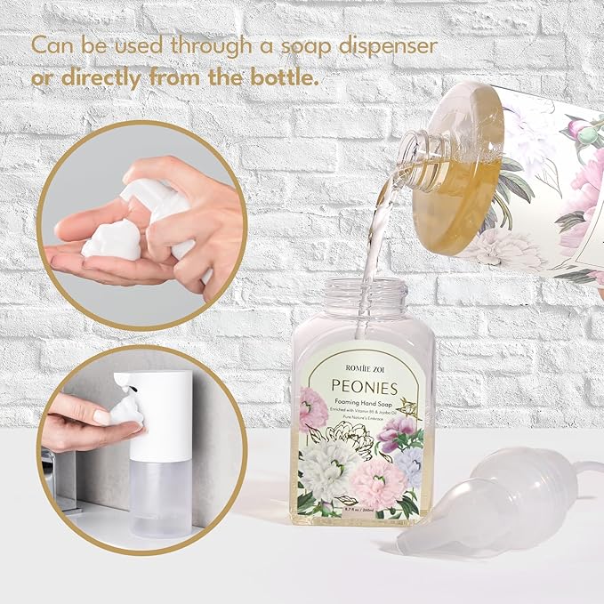 ROMIIE ZOI Foaming Hand Soap Refills 3-Pack (33.8 Fl Oz x 3) with Refilable Dispenser Peony Scented–Chemical-Free for Sensitive Skin, Bulk Refill Bottles for Bathroom & Kitchen Use