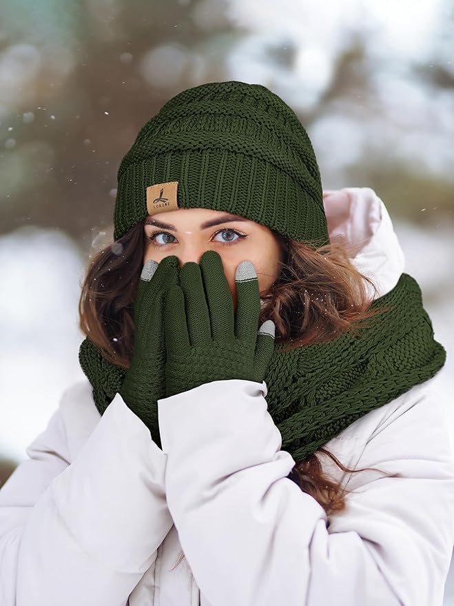 Winter Beanie Hat Scarf Gloves, Warm Fleece Knit Hats Touch Screen Gloves Neck Scarf Set Winter Gifts for Unisex Adult