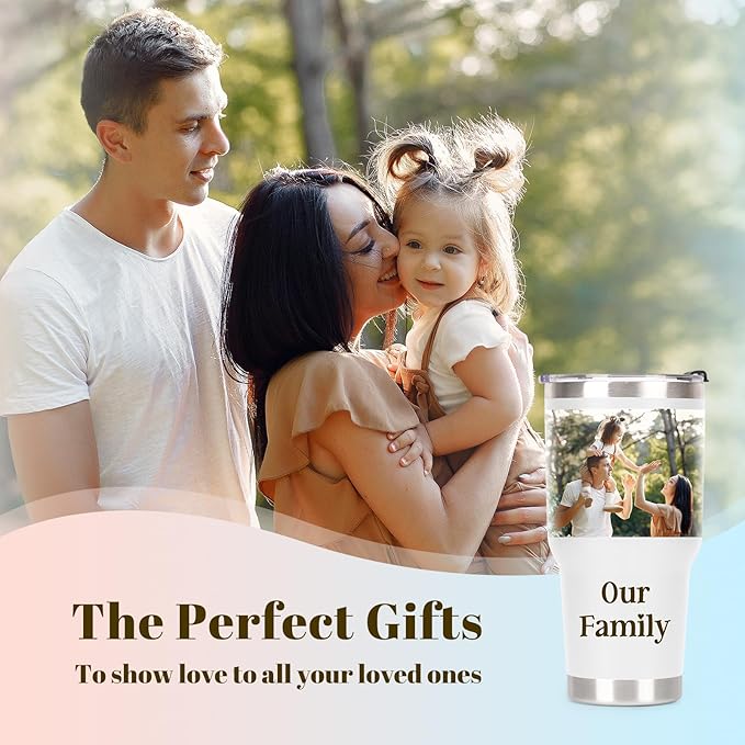 Personalized Tumbler with Picture Text Name Logo, 30oz Stainless Steel Custom Coffee Mug cup with Lid Straw, Christmas Anniversary Wedding Birthday Thank You Gifts for Women Men Kids