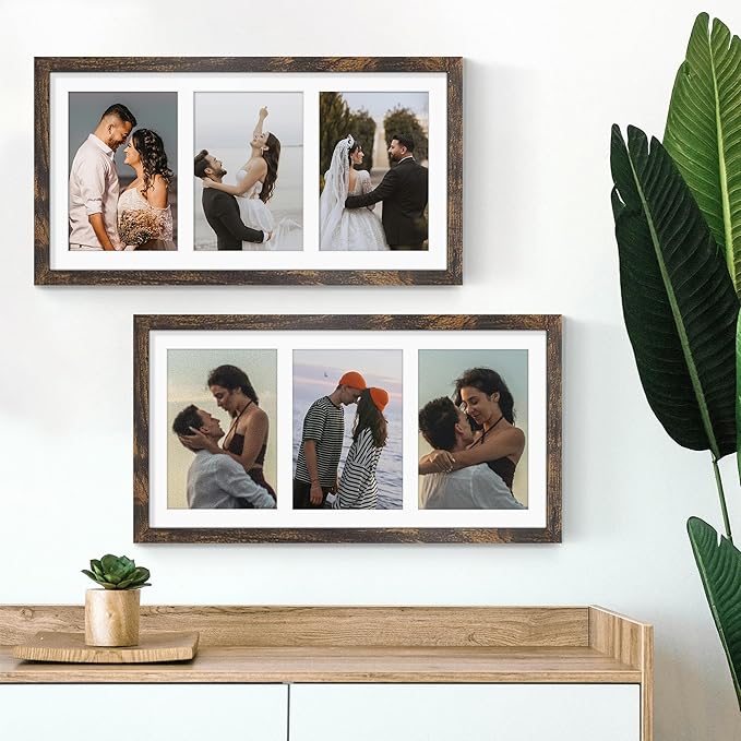 8x16 Collage Picture Frame, 5x7 Collage Picture Frame Displays Three 5x7 inch Photos, or 8x16 (Without Mat) for Available Horizontal Wall Mounting Display and Vertical, Brown.