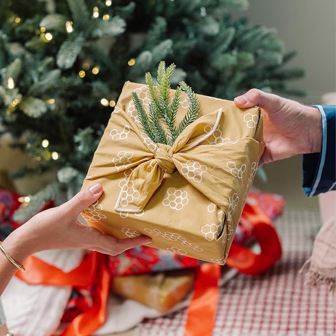 Bee's Wrap Furoshiki Reusable Cotton Fabric Wrapping Paper - Seasons Greetings Pack of 4 Gift Wraps - Gift Wrapping Supplies - Eco Friendly Alternative to Bags and Paper Rolls