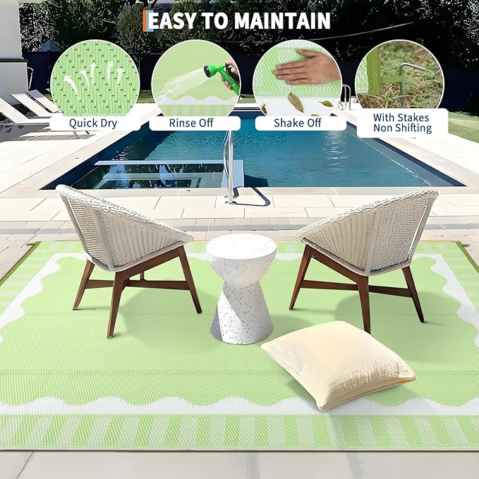 9x12 Outdoor Rug Waterproof Foldable Plastic Straw Carpet for Patio Porch Scalloped Border Reversible Mat Lightweight Floor Mat for Picnic, Rv, Beach, Deck, Camper, Balcony,Light Green