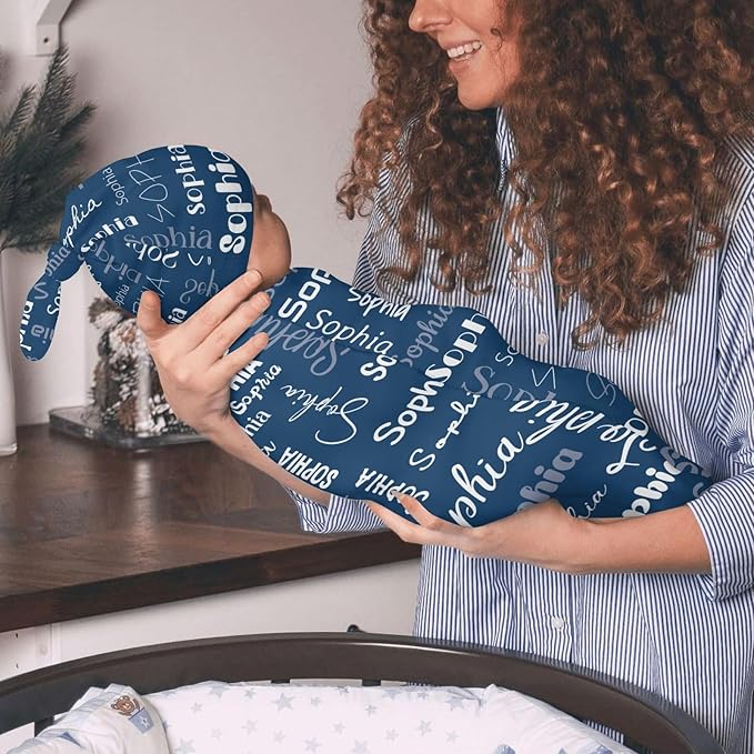 Personalized Baby Swaddle Blanket for Boys Girls Name Lettering Custom Name Receiving Blanket with Cap for Newborn Girls and Boys Soft Sleeping Sack