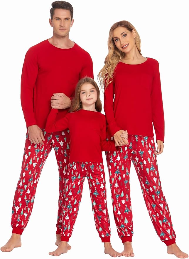 Ekouaer Family Matching Pajamas Christmas Sleepwear Long Sleeve Sleep Shirt with Plaid Pants Soft Loungewear Pjs Set S-XXL