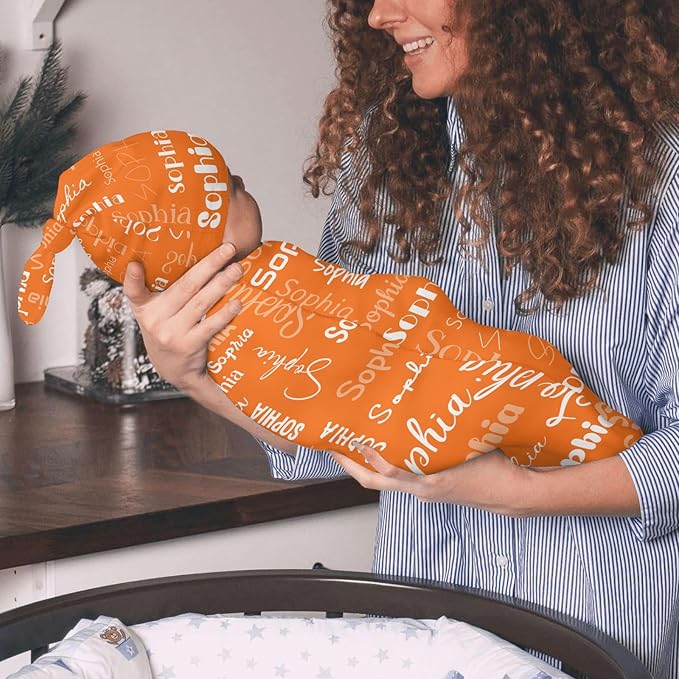 Newborn Swaddle Blankets Hat Name Lettering Orange Sets Soft Baby Receiving Blanket Swaddle Sack for Baby Shower Infant Boy Girl Gift