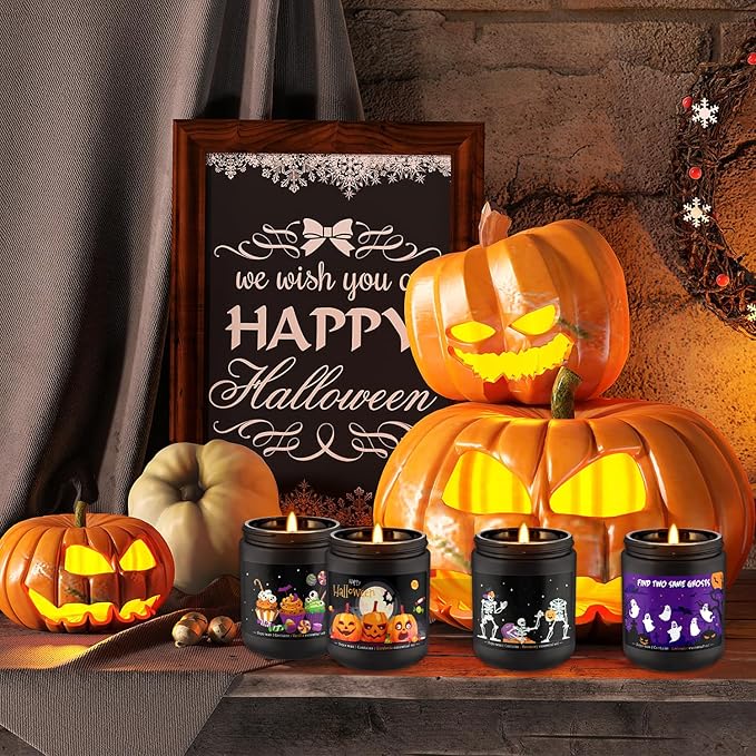4 Pack 8Oz Halloween Scented Candles for Home Scented Aromatherapy Candles, Soy Wax Autumn Candle Gift Set for Women Men,Home Decoration,Themed Party Decor