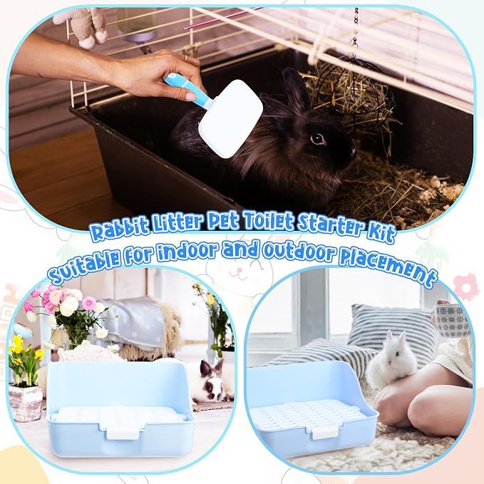 Reallnaive 15 Pcs Rabbit Starter Kit Small Rabbit Litter Box Girls Gift Animal Grooming Kit Bunny Toys Bowl Blankets with Cleaning Set for Guinea Pig Accessories(Candy Blue)