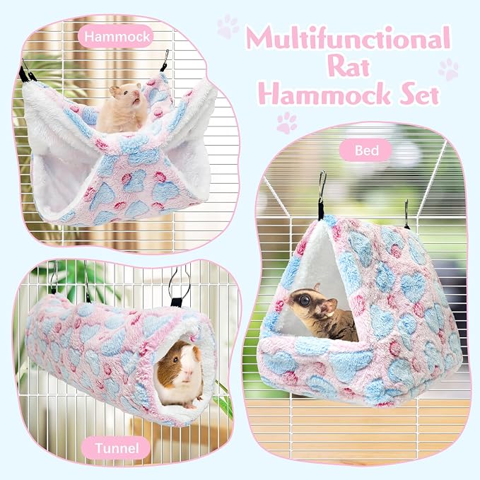 PINVNBY 3 PCS Ferret Rat Hammock Set Hanging Guinea Pig Hideout Bed Small Animals Tunnel Toy Ferret Cage Accessories for Hamster Squirrel Sugar Glider Chinchilla (Pink)