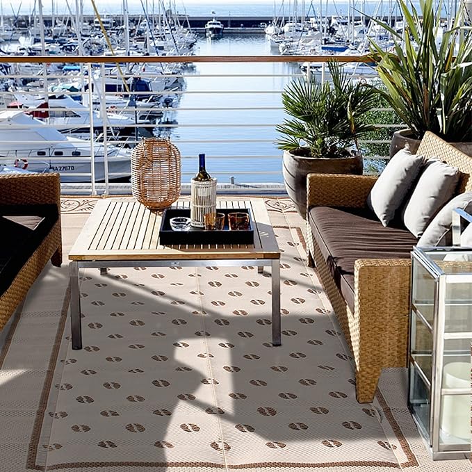 SAND MINE Reversible Mats, Plastic Straw Rug, Modern Area Rug, Large Floor Mat and Rug for Outdoors, RV, Patio, Backyard, Deck, Picnic, Beach, Trailer, Camping (9' x 12', Brown & White)
