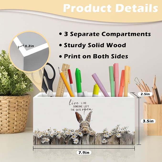 Rustic Bunny Pen Holder Organizer, Farmhouse Bunny Gifts for Women Girls Desk Decor, Live Like Someone Left the Gate Open Wooden Pen Pencil Holders for Vintage Desk Accessories