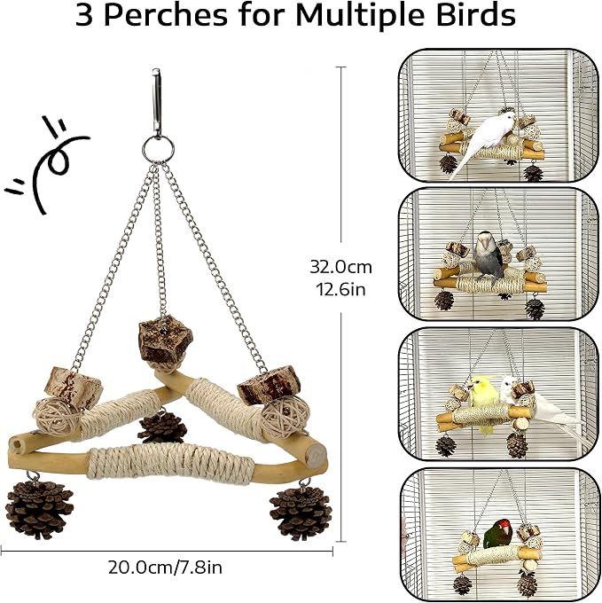 Bird Swing for Cage with Chew Toys, 3 Sisal-Wrapped Stable Perches(S) | Stable Triangle Design Parrot Perch Swing, Wooden Hanging Parakeet Toys for Cockatiel Lovebird Conure Quaker Balance Training