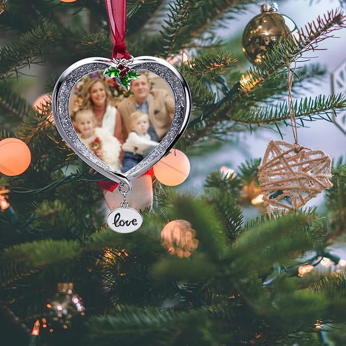 Christmas Tree Ornament Picture Frame Metal Hanging Pendant Holiday 2.5" Photo Frame Charm Decorative of Pets, Baby First Christmas, Family (Love White)