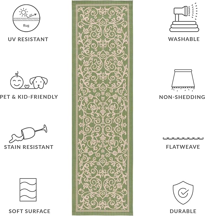 SAFAVIEH Washable Rug Outdoor Courtyard Collection - 2'3" x 8' Runner, Olive & Natural, Non-Shedding & Easy Cleaning, Ideal for Patio, Entryway, Mudroom, Hallway, Kitchen (CY2098-1E06)