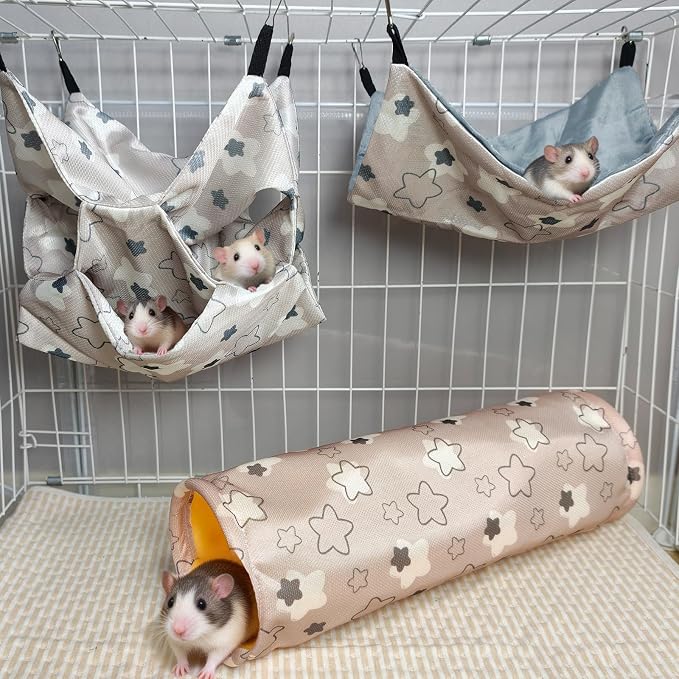 Hamiledyi Rat Hammock Sugar Glider Climbing Ropes Toys Rat Hanging Tunnel Hammock Swing Squirrel Hideout Bed Cage Accessories for Ferret Mouse Hamster Small Animals (Grey)