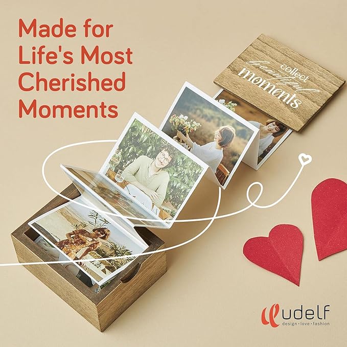 udelf Personalized Wooden Photo Box Gift with Accordion Picture Pull Out | Custom Photo Album Box | Personalized Photo Box Gift for Any Occasion | Picture Box Gift I Holds 14 Photo Prints, 3"x2"