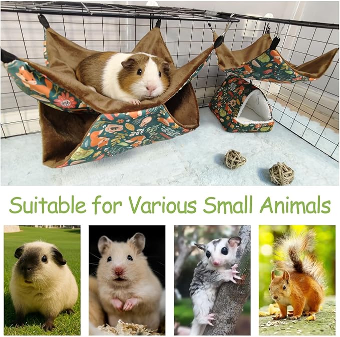 kathson 5 PCS Guinea Pig Hammock Set, Washable Rat Hammock, Guinea Pig Hideout Bed Soft Hamster Hanging Tunnel Mats Small Pets Cage Accessories for Chinchilla, Sugar Glider, Squirrel(Green)