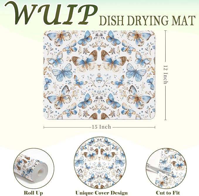 Blue Butterfly Dish Drying Mats for Kitchen Counter, Butterfly Gifts for Women, Blue and Brown Absorbent Reversible Coffee Bar Mat Drying Pad for Kitchen Decor, 12x15 Inch