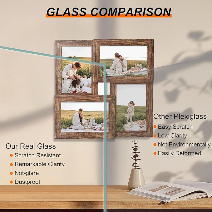4x6 Collage Picture Frames, Multi Family Photo Frame with Real Glass, Displays Four 4x6 Photo, Wall Decor Wall Hanging or Tabletop, Rustic Brown