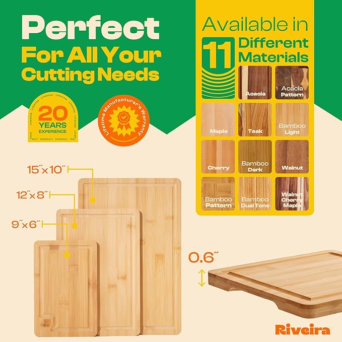 Riveira Bamboo Wood Cutting Board – Versatile And Durable: Set of 3 Pcs Rectangular Wooden Cutting Board – Natural Wooden Cutting Boards For Kitchen – Complete Bamboo Wooden Chopping Board