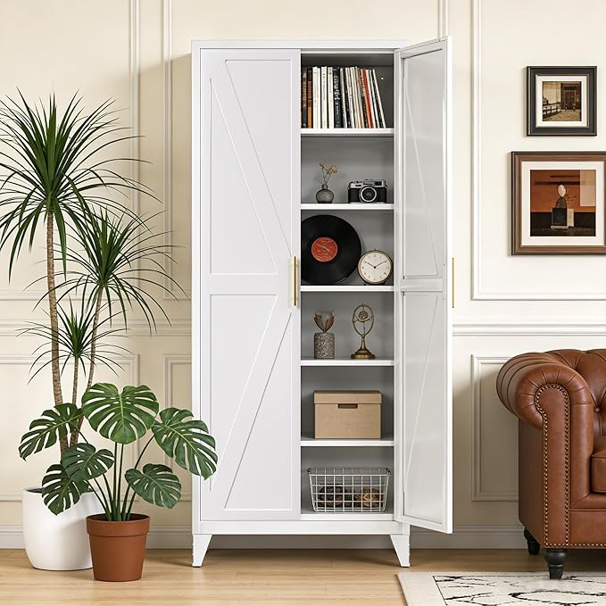 75" H Metal Pantry Storage Cabinet with Doors,Farmhouse Kitchen Pantry Cabinet with 5 Adjustable Shelves for Kitchen, Living Room,Assemble Required,White,15.75" D x 31.5" W x 75.3" H