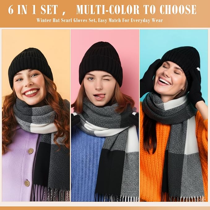Geyoga 6 Pcs Winter Hat Scarf Gloves Set Knitted Touchscreen Gloves Plaid Scarf Earmuffs Socks Gift for Women Men