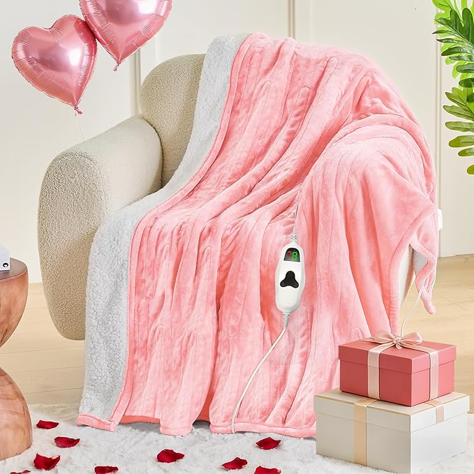 greenoak Heated Blanket Electric Full 72"X84", Heating Blanket with 10 Heat Levels 1/2/4/6/8 Hours Auto-Off, Soft Flannel Sherpa Warm Heater Christmas Blanket,Light Pink