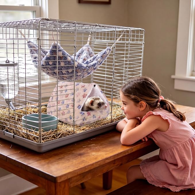 MCEAST 4 Pieces Small Pets Cage Accessories Hanging Hammock Sleeping Bag Tunnel and Bed Hideout Set Warm Sleep Nap Sack Bed for Hamster Ferret Squirrel Rabbit, Light Brown and Gray Stars