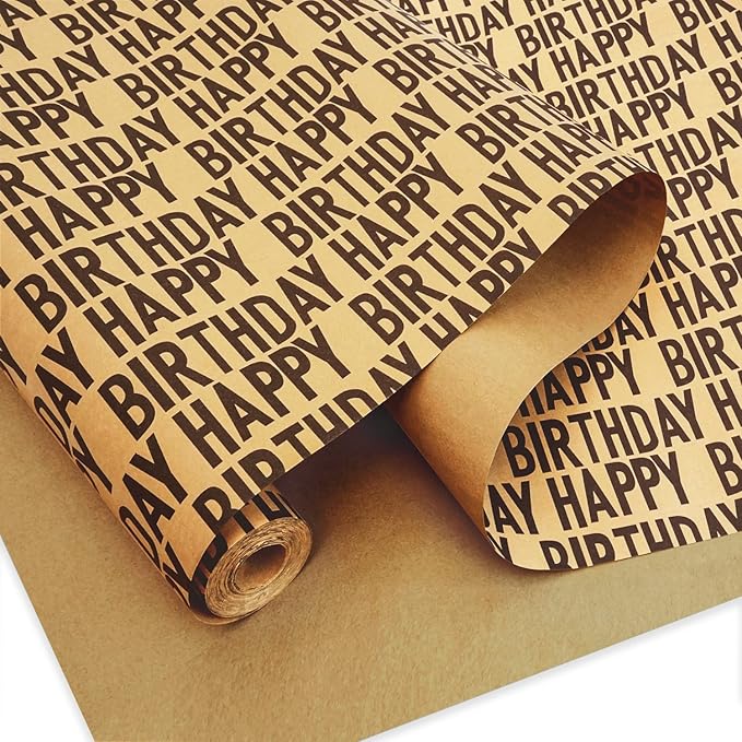 MAMUNU Birthday Wrapping Paper Roll, Black Kraft Happy Birthday Wrapping Paper Jumbo Roll, Brown and Black Kraft Gift Wrap Set for Boys Men Women Girls, 17x590 inch (70 sq. ft.)