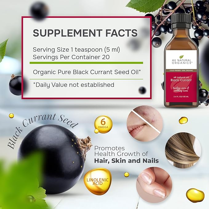 Au Natural Organics Black Currant Seed Oil for Eczema – 100% Pure Organic Cold Pressed Black Current Oil GLA for Skin | Support Immune Health, Blood Flow, Tissue Repair | Edible & Hexane Free | 100ml