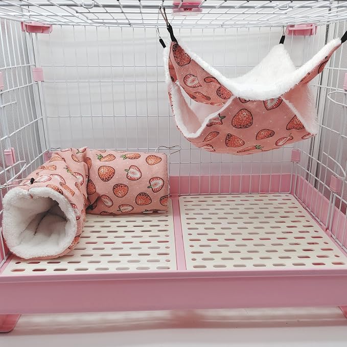 LEFTSTARER Pet Small Animal Hanging Hammock Ferret Bunkbed Hammock Cage Toy for Hamster Rat Sugar Glider Parrot Guinea Pig Hideout Play Sleep (Strawberry Hammock and Tunnel)