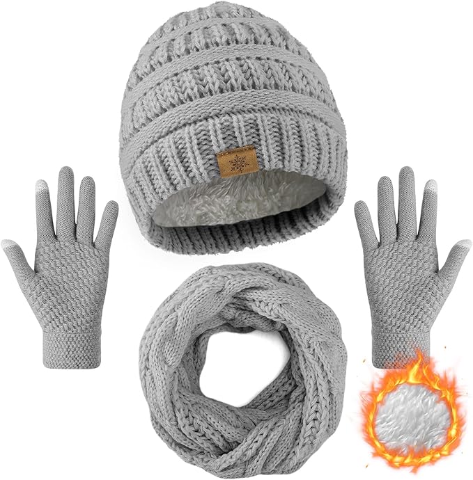Winter Beanie Hat Scarf Gloves Set, Winter Clothes for Women, Fleece Lined Hats Touchscreen Gloves Thick Neck Warmer
