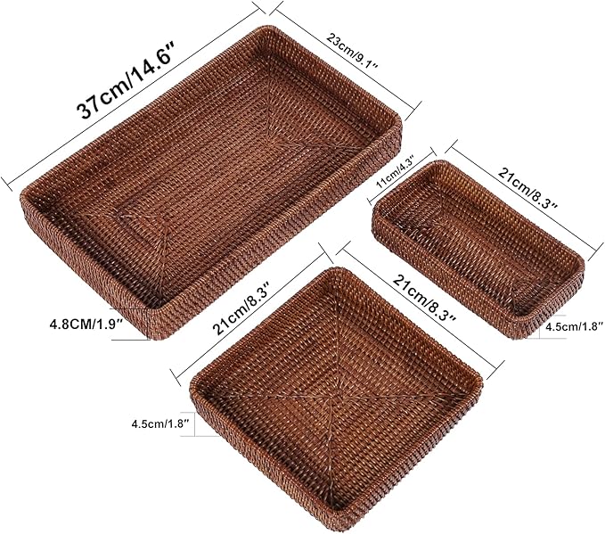 Rattan Serving Tray, Rectangular Woven Tray, Natural Wicker Decorative Serving Baskets for Organizing Tabletop Bathroom Kitchen Counter (Dark Brown)