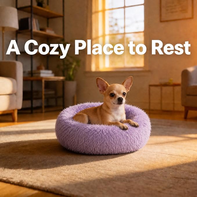 Tiny Dog Bed for Extra Small Dogs for Chihuahua Pomeranian Toy Poodle | 15 Inch Washable Puppy Bed,Soft Faux Fur Calming Donut Bed,Purple