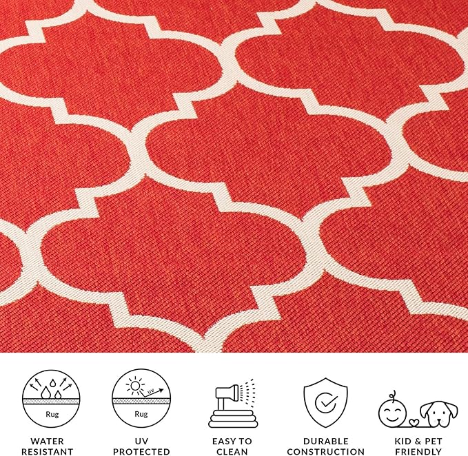 SAFAVIEH Washable Rug Outdoor Courtyard Collection - 5'3" Square, Red & Bone, Non-Shedding & Easy Cleaning, Ideal for Patio, Backyard, Mudroom (CY6914-248)