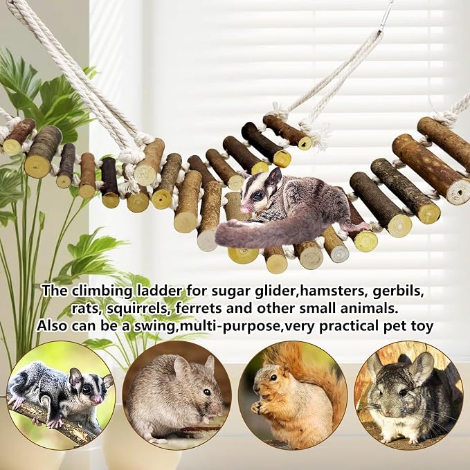 BNOSDM Sugar Glider Climbing Toys 2 Pack Nature Wood Rope Ladder Hanging Sugar Glider Bridge Cage Accessories for Mice Rat Hamster Gerbil Chinchilla