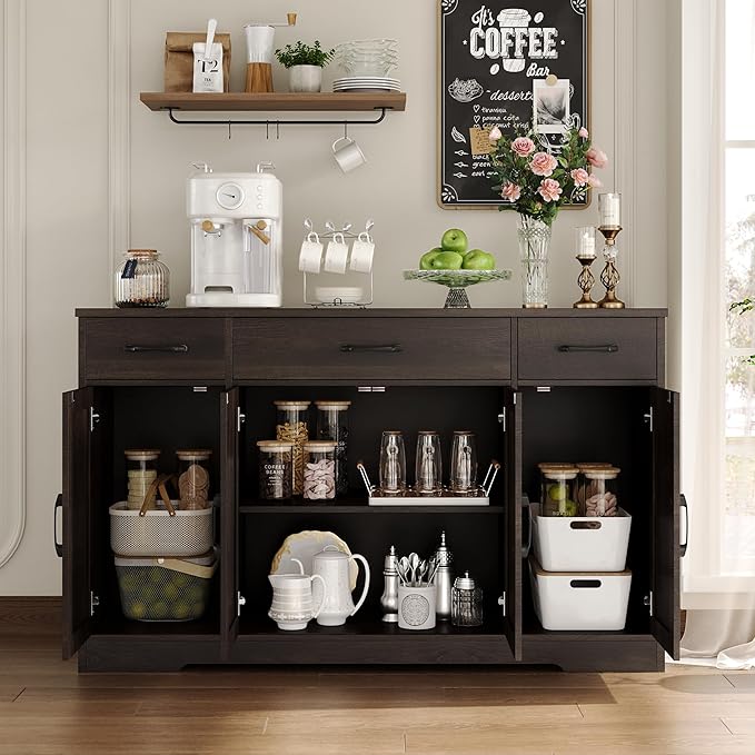 HOSTACK Buffet Cabinet with Drawers, 55" Large Sideboard Buffet Storage Cabinet with Shelves and Doors, Modern Farmhouse Coffee Bar Station Wood Kitchen Table for Kitchen, Dining Room, Dark Brown