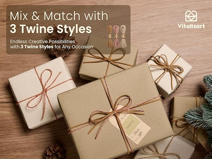 Vitalizart Textured Wrapping Paper Set 17" Roll Twine Ribbons & Tags Extra Thick All-in-One Neutral Beige Kraft Christmas Gift Wrap Birthday Baby Shower Wedding Crafts Vintage Minimalist Housewarming Flower Book