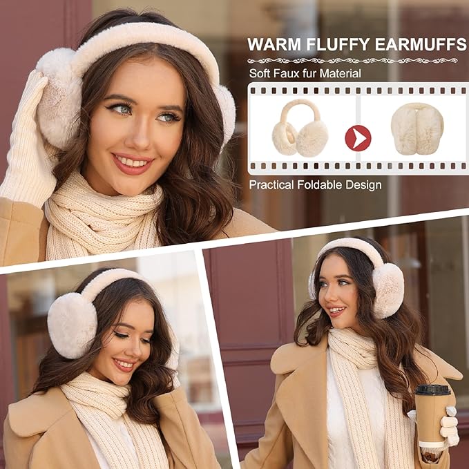 HEEKPEK Winter Beanie Hats Scarf Gloves Ear Muffs Fuzzy Socks 5pcs Set for Women Cold Weather Beanies Touch Screen Gloves