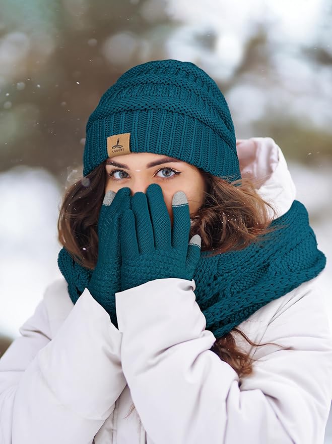 Winter Beanie Hat Scarf Gloves, Warm Fleece Knit Hats Touch Screen Gloves Neck Scarf Set Winter Gifts for Unisex Adult