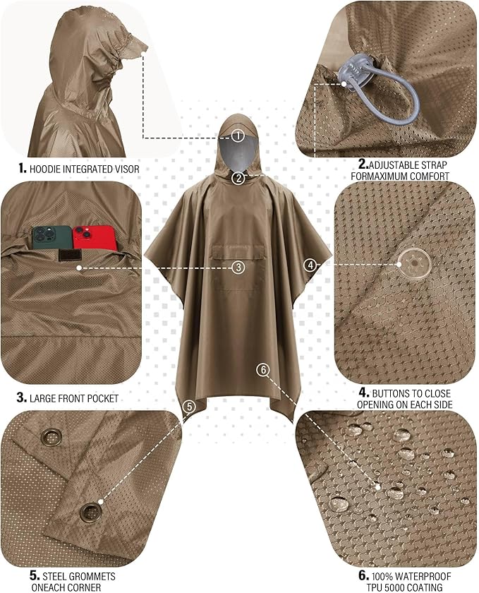 iCreek Hooded Rain Poncho Packable Unisex Raincoat Jacket with Pocket Waterproof Lightweight for Hiking, Camping, Outdoor